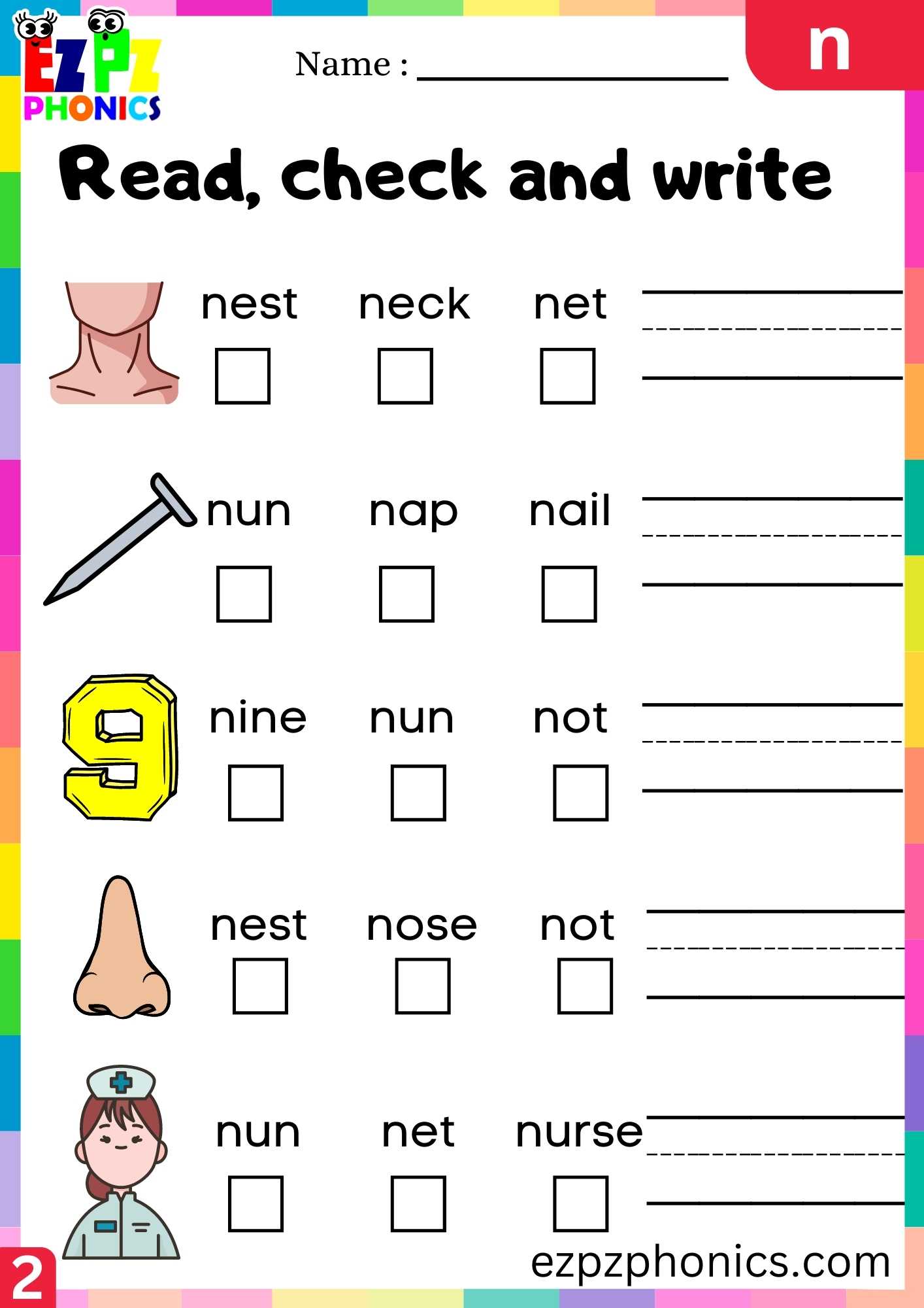 Group2 Letter N Read, Check And Write Beginning Sounds Worksheet